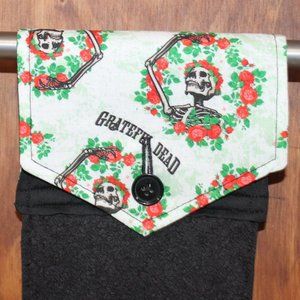 GRATEFUL DEAD SKULL & ROSES PRINT HANDMADE HANGING HAND KITCHEN BLACK HAND TOWEL
